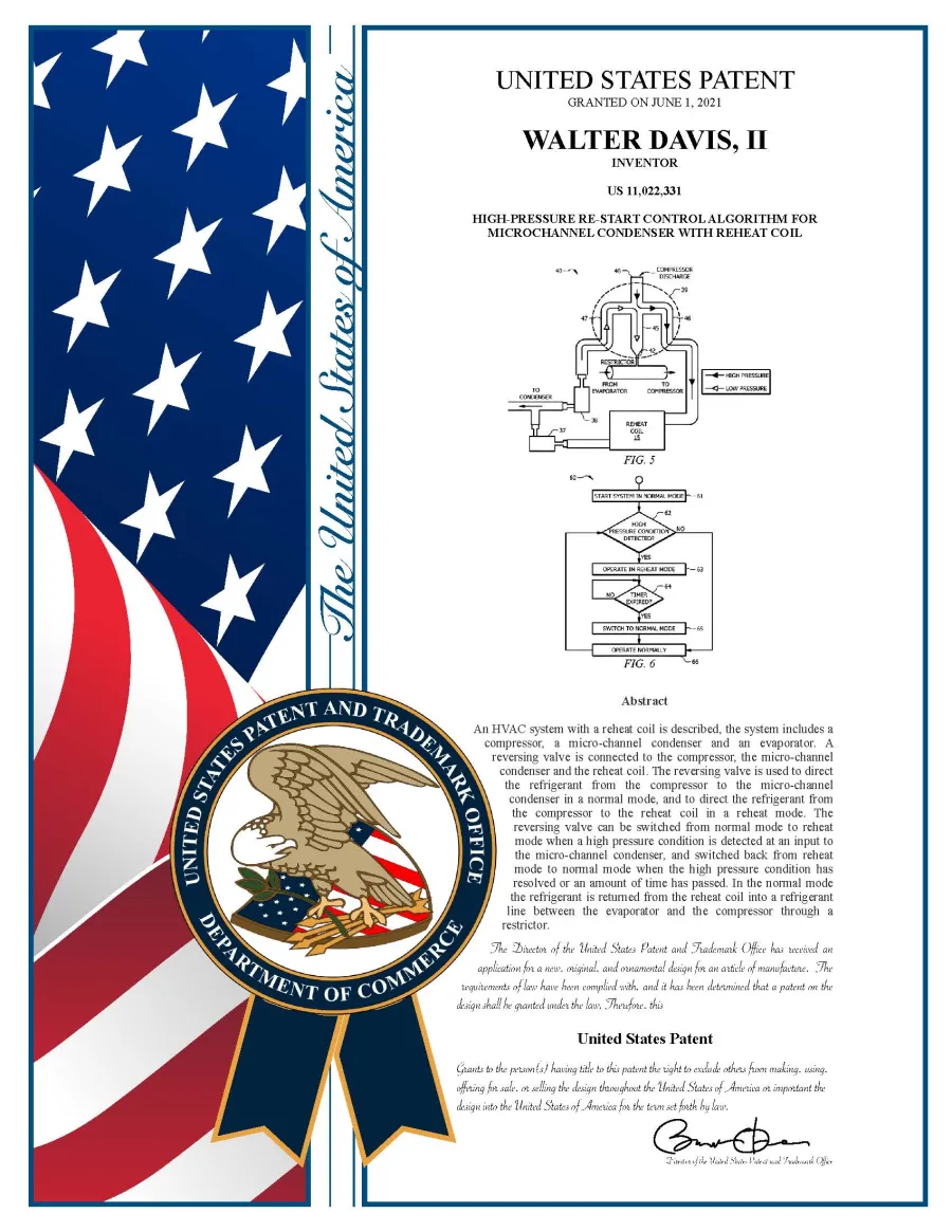 U.S. Patent 11,022,331 plaque for high-pressure restart control algorithm