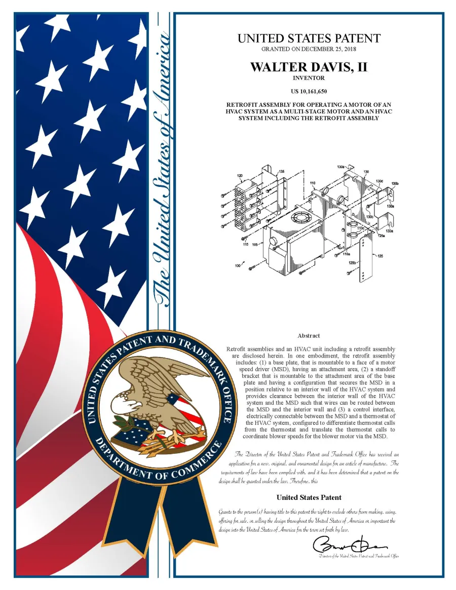 U.S. Patent 10,161,650 plaque for multi-stage motor retrofit assembly