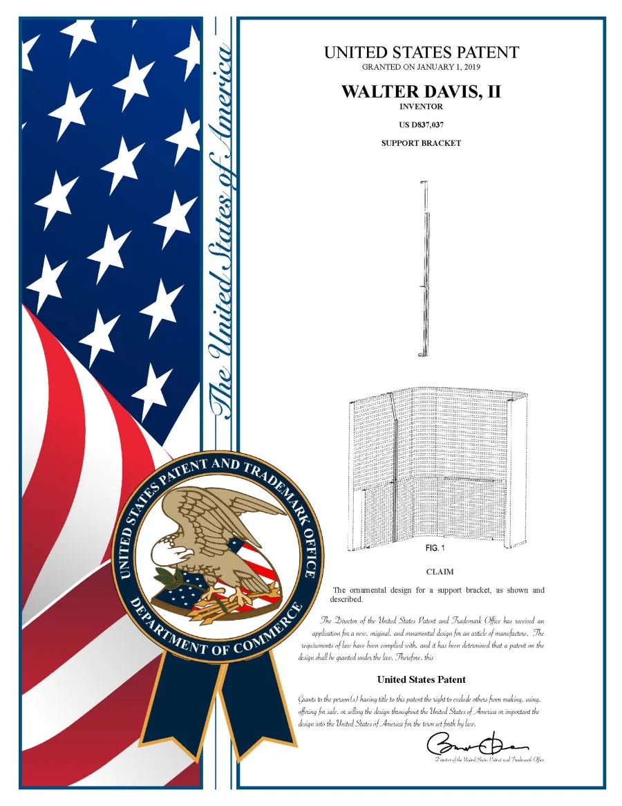 U.S. Design Patent D837,037 plaque for support bracket