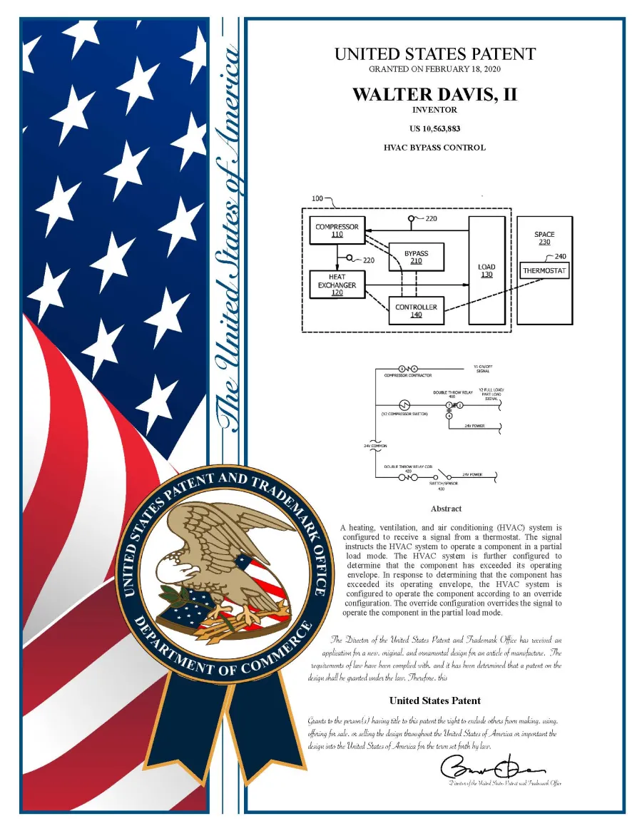U.S. Patent 10,563,883 plaque for HVAC bypass control