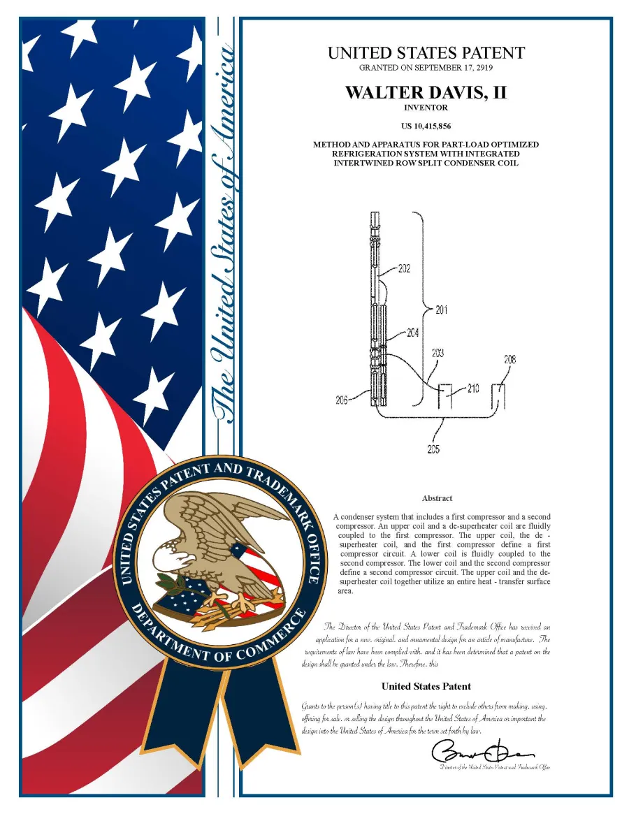 U.S. Patent 10,415,856 plaque for a part-load optimized refrigeration system with an integrated intertwined row-split condenser coil