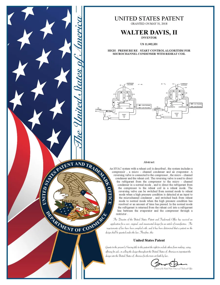 Published U.S. patent application 2018/0149375 plaque for high-pressure restart using a microchannel condenser and reheat coil